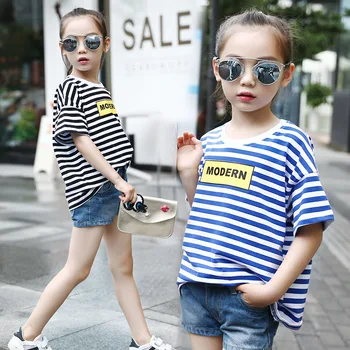 2023 Korėja Vasaros vaikų marškinėliai Drabužiai Dryžuoti viršutiniai atspaudai Medvilninis viršus Trumpomis rankovėmis O-Neck Vaikiški laisvalaikio drabužiai
