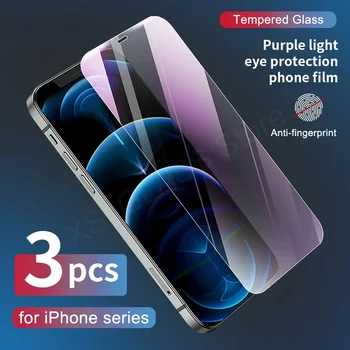 3Pcs Anti Blue Ray Light grūdintas stiklas, skirtas iPhone 11 12 13 14 15 Pro Max XR XS Max 12 13 Mini 14 15 Plus ekrano apsauginis stiklas