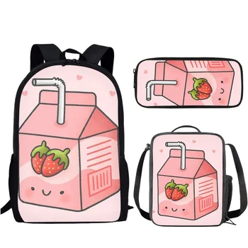 3Pcs Set Pink Strawberry Juice Pattern Casual Backpack Teenager Kids School Bag with Lunch Bag Pencil Bag Campus Daily Backpack
