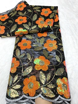 Aukštos kokybės oranžinis afrikietiškas blizgučių nėriniuotas audinys afrikos vestuvėms Nigerijos dideli retkarčiais siuvami drabužiai Didmeninė mažmeninė prekyba F1905