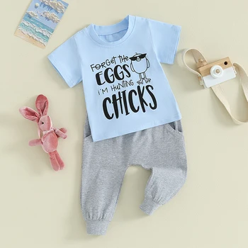 Baby Boy Velykų apranga Trumpomis rankovėmis Chick Letter Print marškinėliai Kišeninės kelnės Komplektas Mažylio drabužiai