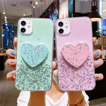 Bling Glitter telefono dėklas, skirtas Samsung S20 FE S21 Ultra S10 S9 S8 Plus Note 20 Clear Love Heart Mirror Stand Holder Silicone Coque