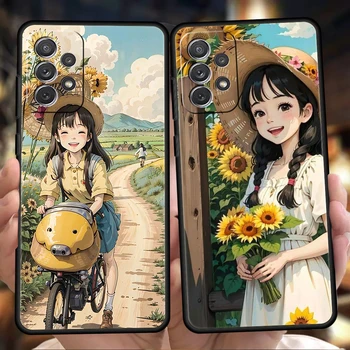 Cartoon Scenery Girl Phone Case dangtelis, skirtas Samsung Galaxy A13 A22 A32 A33 A52 A72 A11 A51 A71 A73 M31 5G smūgiams atsparus minkštas apvalkalas