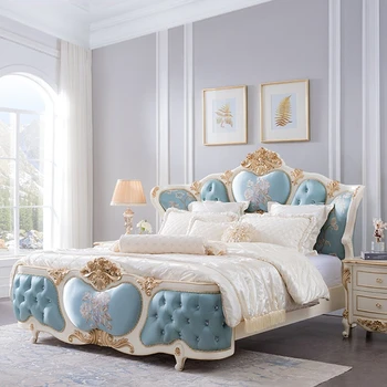 Court French Furniture Luxury High-End European Fabric Bed Solid Wood Princess Bed Master Bedroom 1.8M Wedding Bed F6