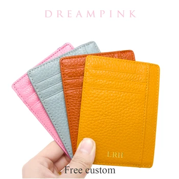 Cowhide Slim Wallet Customize Initials Women Men Card Holder Luxury Natural Leather Personalize Letters Credit Card Case Sleeve