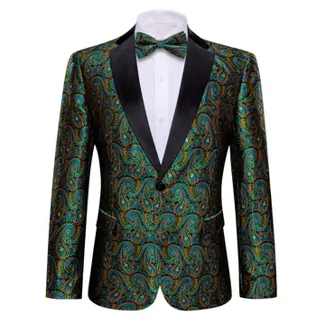 Dizainerių vyriški kostiumai Žalias auksas Paisley šilko švarkas Bowtie komplektas Slim Fit vyriškas švarkas paltas vestuvinė suknelė Barry.Wang