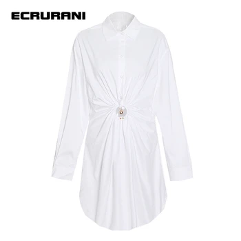 ECRURANI Balta tuščiavidurė suknelė moterims Atvartas ilgomis rankovėmis Lieknėjimas aukštu juosmeniu Lieknėjimas Ruched Elegantiškos suknelės Moterys Vasaros 2021 stilius