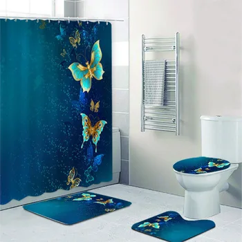 Elegantiški auksiniai turkio spalvos skraidantys papuošalai Drugeliai Dušo užuolaidų ir vonios kilimėlių rinkinys Abstraktūs drugelių dekoratyviniai vonios kilimėliai