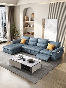 Elektrinė daugiafunkcinė odinė sofa-lova dvigubos paskirties paprasta moderni svetainė trijų ar keturių žmonių derinys