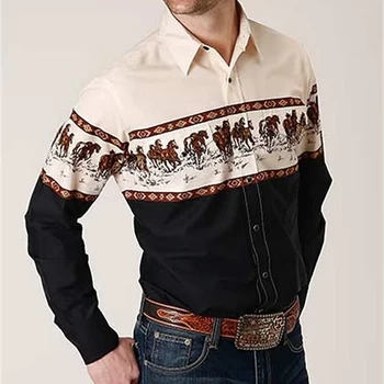 Fashion Printed Vyriško vakarietiško stiliaus marškiniai ilgomis rankovėmis Casual Slim Fit Button Turn-Down Dress Up Marškiniai ir palaidinės vyriški viršugalviai