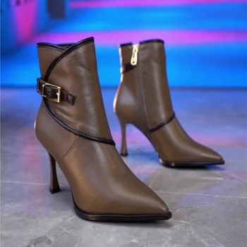 FHANCHU 2023 Nauji moteriški kulkšnies batai,aukštakulniai trumpi botai,madingi sagties žieminiai batai,smailus pirštas,34-39,Atgal,Ruda,Dropship