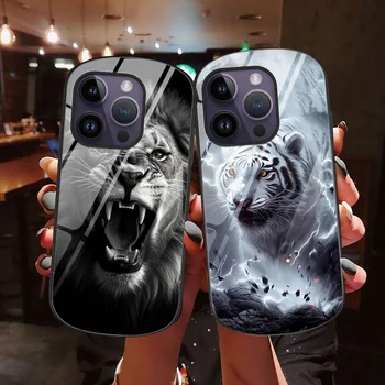 Fierce Animals Telefono dėklas, skirtas iPhone 14 13 12 11 ProMax XR XS Max 7 8 SE 2022 Ovalus grūdinto stiklo apsaugos apvalkalas Tiger Coque