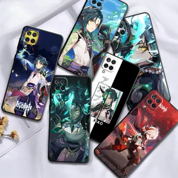 Game Genshin Impact Anime Bag Shell telefono dėklas, skirtas Samsung Galaxy M30s M23 M32 5G M22 M52 M12 M33 M51 M31 M13 Juodas minkštas dangtelis