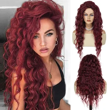 GNIMEGIL Sintetiniai perukai moterims Raudonas ilgas garbanotas perukas su stora viršutine laisva dalimi plaukų linija Vandens bangų perukai Garbanos Vienetai Helovino perukas