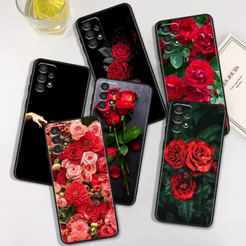 Gražios raudonos rožės Samsung A73 A72 A54 A53 A52S A34 A33 A32 A24 A23 A22 A14 A13 A03S A02S Juodas minkštas telefono dėklas