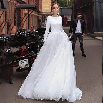 High Neck Pure White Long Sleeves Elesatin Top A-line Simple Wedding Dress with Open Back Style Bridal Gowns