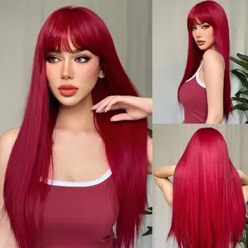 Ilgas tiesus sintetinis perukas su vidurio sekcijos kirpčiukais Raudonų plaukų perukas Moterys Cosplay Natūralūs plaukai Karščiui atsparus visas galvos dangtelis