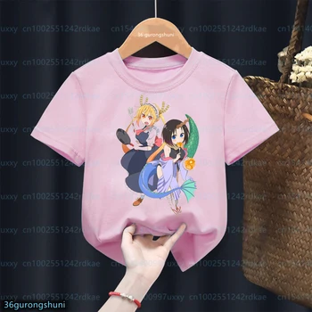Kawaii mergaičių marškinėliai Anime Miss Kobayashi drakono tarnaitė Animacinis filmas Spausdinti Vaikai Tshirt Fashion Girls Rožiniai marškiniai Top 1-15 metų