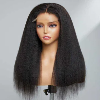 Kinky Straight Wig Yaki nėrinių priekinis perukas 13X4 180% tankis juodaodėms moterims su kūdikių plaukais Sintetiniai perukai Šilumos temperatūra be klijų