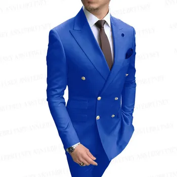 Klasikiniai karališki mėlyni vestuviniai kostiumai vyrams Dvigubos krūtinės auksinės sagos Vyriškas verslo kostiumas Slim Fit Blazer kelnės 2 dalių rinkinys