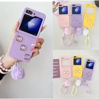 Korean Fashion Square Plush Pearl Bracelet Silicone TPU Hinge Antiskid Phone Case For Samsung Galaxy Z Flip5 Case Z Flip5 Cover