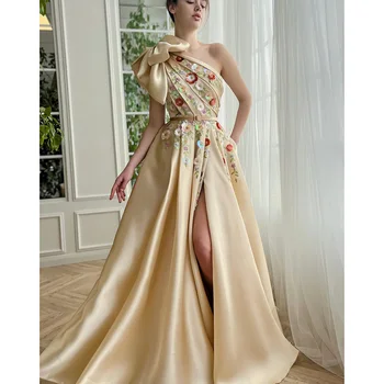 LAIDITYA Elegantiška A-Line vakarinė suknelė Mada Vieno peties 3D gėlės Aplikacijos Vakarėlio suknelė Grindų ilgis Šoninis plyšys Prom chalatai