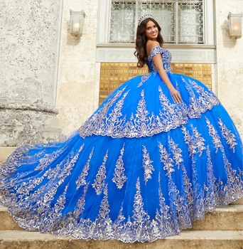 Lorencia Royal Blue Nėrinių aplikacijos Quinceanera suknelės Ball Gown Gimtadienio chalatai Corset Sweet 16 Suknelė vestidos de 15 YQD179