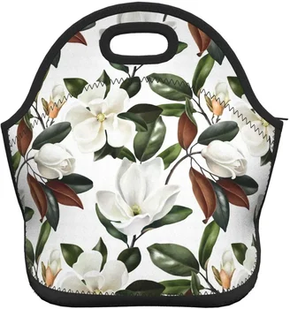 Magnolijos gėlių neopreno pietų maišelių dėžutės,patvarios terminio krepšio organizatorius aušintuvas Bento krepšiai priešpiečių dėžutės rankinė