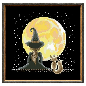 Mažoji ragana po mėnuliu kryžiaus dygsnio rinkinys dizainas medvilninis šilko siūlas 14ct 11ct juodos drobės siuvinėjimas 