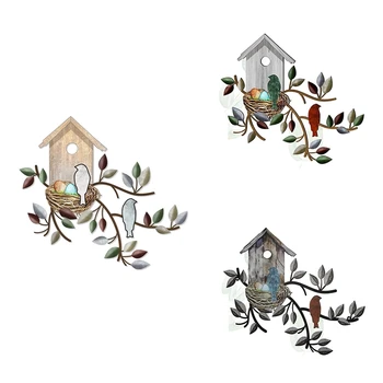 Metalinis kabantis medis su paukščių nameliu Sienų menas Lauko sienų dekoras Paukščių dekoracijos namų metalo lapų sienų dekoravimui