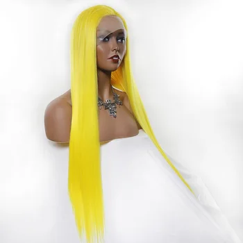 Minkštas geltonas 26inch 180Density šilkinis tiesus nėrinių priekinis perukas juodaodėms moterims BabyHair 26Inch ilgas karščiui atsparus išpeštas kasdien