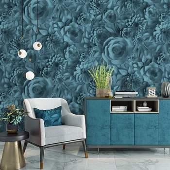 Modernūs dideli mėlyni gėlių tapetai Roll Home Decor Vandeniui atsparus vinilo PVC sieninis popierius svetainės grožio salono fono freska