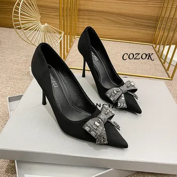 Moteriški batai 2023 Laisvalaikio mada Drugelio mazgas Juodi batai moterims Elegantiški aukštakulniai