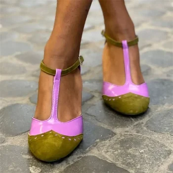 Moteriškos basutės 2023 m. vasara Naujas dirbtinis zomšas T-sagtis Elegancija Aukštakulniai Patchwork Tuščiaviduriai sandalai plius dydis 43 Dropshopping