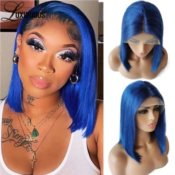 Mėlyni 13x4 tiesūs nėrinių priekiniai perukai juodaodėms moterims Iš anksto nupešti Remy žmogaus plaukai nėrinių priekinis perukas Brazilijos trumpų plaukų bobų perukai