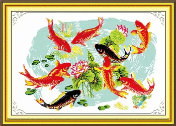 Naktinės žuvys žaidžia su lotoso kryžminio dygsnio rinkiniu Kinų spauda 11ct medvilninis siuvinėjimas rankomis 