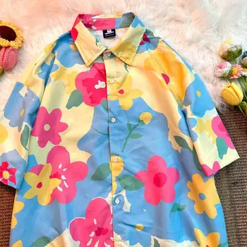 Nauja vasara Havajų paplūdimio aliejinė tapyba Gėlių marškiniai Moterys Trumpomis rankovėmis Laisvalaikio mygtukas Aukštyn Marškiniai Vyrai Oversized Palaidinė Moterys 2023