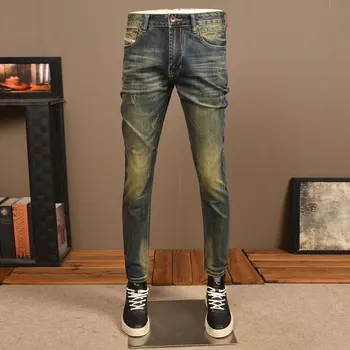 Naujai dizainerių mados vyrų džinsai Aukštos kokybės retro skalbta mėlyna tampri plonai prigludusi plėšyti džinsai Vyriškos vintažinės laisvalaikio džinsinės kelnės