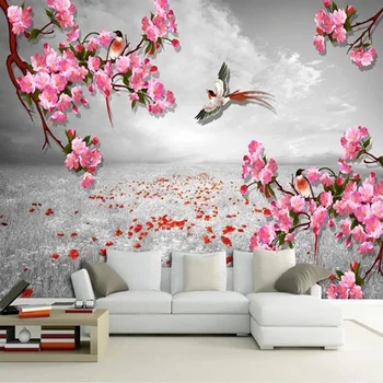 Pasirinktinio dydžio retro rožinės gėlės Paukščių peizažas Fototapetai miegamajam Svetainė TV fonas Siena Neaustinis popierius 3D