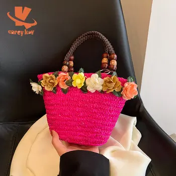 Pinti austi rotango krepšiai Dizainerio šiaudiniai maišeliai moterims 2023 Bohemijos virvės rankena Rankinė Kelioninis paplūdimio krepšys Maži gėlių totai