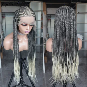 Sintetinis 13X6 Skaidrus nėrinių priekinės pynės Perukas Afrikos moterims Cornrow nėrinių perukai Blondinė Ombre spalva Priekinis afro pintas perukas