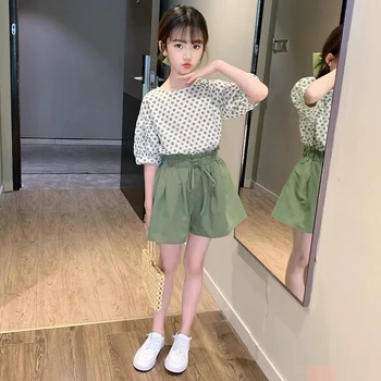 Summer Girl Sets Kids Polka Dot Palaidinė + Šortai 2Piece Baby Trumpomis rankovėmis Apranga Korėjos vaikų drabužių komplektas 4 6 8 10 12 metų