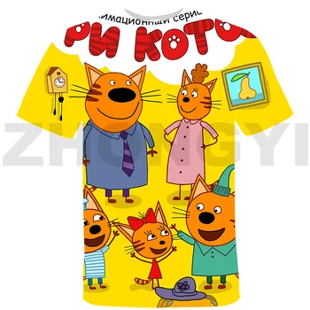 Summer Kid-E-Cats Three Kittens Graphic T Shirts Fashion Parent-child Wear Russian Tri Kota Short Tees 3D TpnkoTa Anime Tshirt