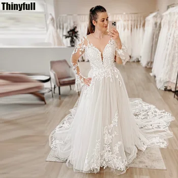 Thinyfull 2024 A-line Tiulio vestuvinės suknelės V formos kaklo ilgomis rankovėmis Nuotakos suknelė Nėrinių aplikacijos Elegantiška nuotakos suknelė Vestido De Novia
