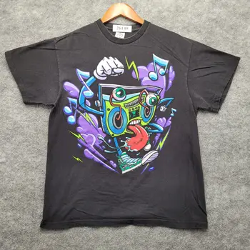 Trippy Psychedelic Boombox Shirt Large Black Graphic Tee ilgomis rankovėmis