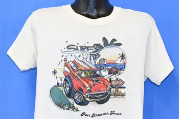 vtg 80s PORT ARANSAS TEKSASAS SURFS UP HOT ROD VAGONAS BEACH SUNSET marškinėliai DIDELIS L