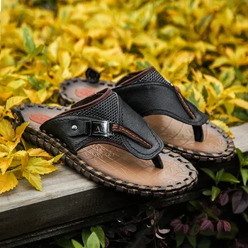 Vyriški odiniai sandalai Prabangus prekės ženklas Rankų darbo odiniai batai Vyriški laisvalaikio paplūdimio batai Vasariniai neslystantys šlepetės Lauko plokščios basutės