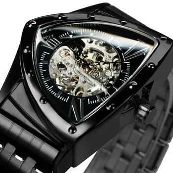 WINNER Sportinis trikampis Skeletas Automatinis laikrodis vyrams Karinis juodas nerūdijančio plieno dirželis Prabangus prekės ženklas Mechaniniai laikrodžiai Nauja